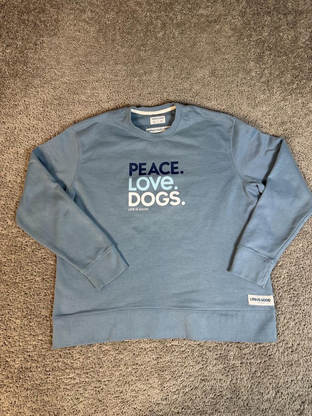Life Is Good Sweatshirt Womens XL Blue PEACE LOVE DOGS Graphic Fleece Pullover